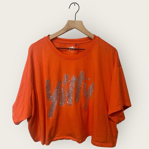 YITTY Vibrant Orange 4X Bejeweled Bling Short Sleeve Crop Top Shirt - Picture 1 of 4